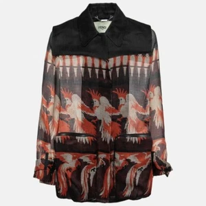 Giacca leggera Fendi nera arancione uccellini stampata maglia bottoni S seta AOP IT40 - Foto 1 di 11
