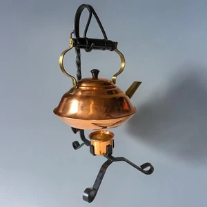 Vtg Copper Tea Kettle Pot Warmer Wrought Iron Stand Coppercraft Guild Taunton MA - Picture 1 of 13