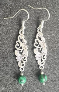 Malachite Stone Bead Dangle Drop Earrings .925 Sterling Silver Stamped Ear Hooks - Picture 1 of 4