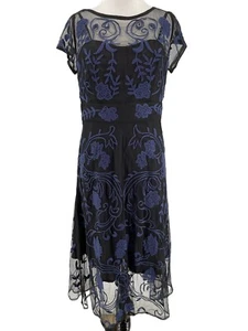 Wayward Fancies Eshakti Black Blue Floral Wool Embellished Mesh Dress Medium (8) - Picture 1 of 5
