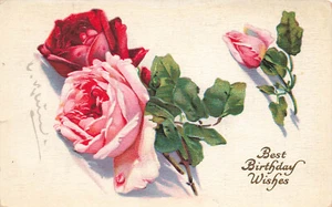 A/S C PEQUEÑAS ROSAS ROJAS Y ROSAS VINTAGE POSTAL DE CUMPLEAÑOS 1915 101223 S - Imagen 1 de 2