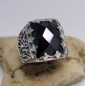 mächtiger Herren Ring schwarzer Farbstein geschwärzt Ornamente 925 Silber RG.61 - Bild 1 von 7