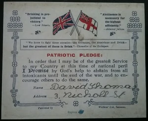 FIRST WORLD WAR VINTAGE PATRIOTIC PLEDGE, ABSTAIN FROM DRINK , ARMY , MILITARY - Picture 1 of 6