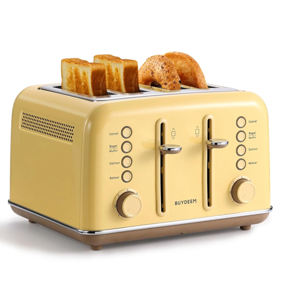DT640 Retro 4 Slice Toaster 7 Shade Settings Extra Wide 1.5'' Slots Stainl...