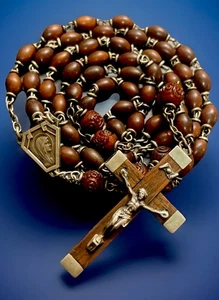 Vintage Catholic Genuine Cocoa Wood Rosary, Wood & Metal Crucifix, France - Picture 1 of 6