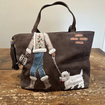 Сумочка Valerie Steven's ручная работа сшитая коричневая кожа замша девочка и белая собака - Изображение 1 из 4