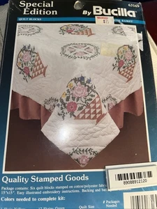 Bucilla Special Edition Stamped Quilt Blocks (6) 15"X15" PASTEL BASKET VTG 1990 - Picture 1 of 5