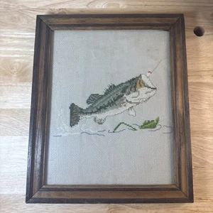 BASS FISH Needlework Cross Stitch Embroidery Framed / VINTAGE - Picture 1 of 6