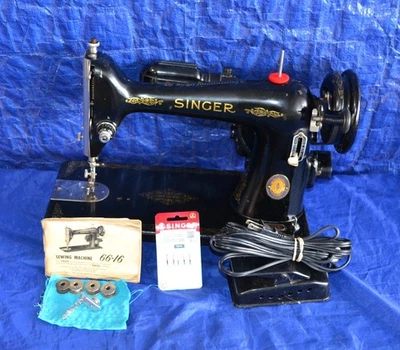 SINGER 66 SEWING MACHINE 1950 CENTENNIAL SERVICED TESTED NEW WIRING SEWS NICE - Image 1 of 4