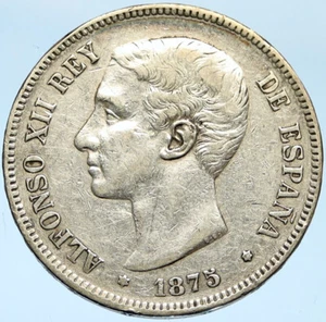 1875 SPAIN w King ALFONSO XII Antique OLD Silver 5 Pesetas SPANISH Coin i99706 - Picture 1 of 3