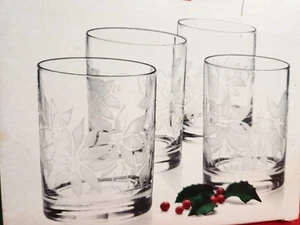 Crystal Christmas Poinsettia Glass Set 4-Piece Vintage Frosted Etched Fast Ship - Picture 1 of 9
