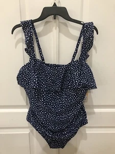 Kona Sol Size 16 Ruffle Full Coverage One Piece Swimsuit Blue Polka Dot New - Picture 1 of 13