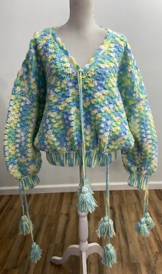 Handmade Crochet Knit Retro Multi-Color Pullover Sweater Large / XL Artsy VTG - Image 1 of 4