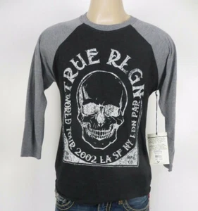 NWT True Religion WORLD TOUR SKULL Raglan Tee,Vintage Black/Heather Gray, Size M - Bild 1 von 10