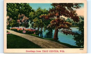 Lot of 2 Linen Postcards Greetings from Troy Center WI Wisconsin Cows Stream - Picture 1 of 1