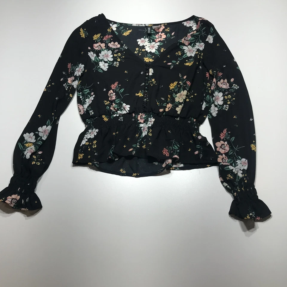 Топ женский Divided by H&M размер 2 черный цветочный с длинным рукавом легкий летний - Изображение 1 из 4