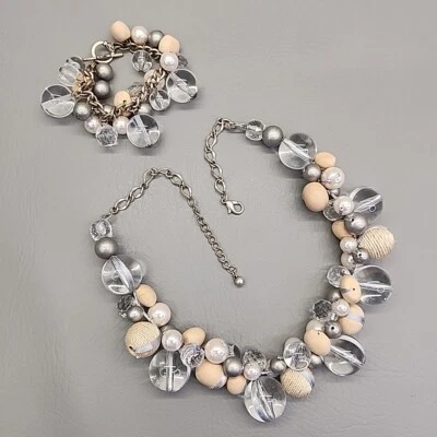 Beaded Necklace Bracelet Set Vtg Clear Lucite Natural Wood Beads Chunky - Image 1 of 4