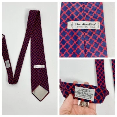 Corbata de lujo silenciosa vintage Christian Dior azul marino y rojo tejida Power dinero antiguo Foto 1 de 4