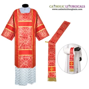 Metallic Red Roman Dalmatic Vestment Deacon's stole & maniple, chasuble, NEW - Picture 1 of 1