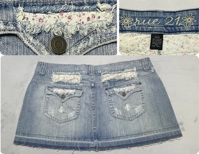 Rue 21 Distressed Y2K Denim Skirt 13/14 Raw Hem Floral Patching Light Wash Blue - Image 1 of 4