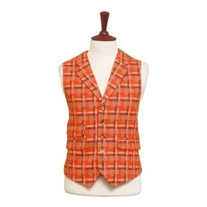 Gilet uomo 44R tweed lana arancione marrone quadri bavero gilet formale festa matrimonio - Foto 1 di 9