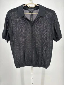 rag & bone Willy Mesh Polo Sweater L Black Short Sleeve Open Knit See Through - Picture 1 of 5