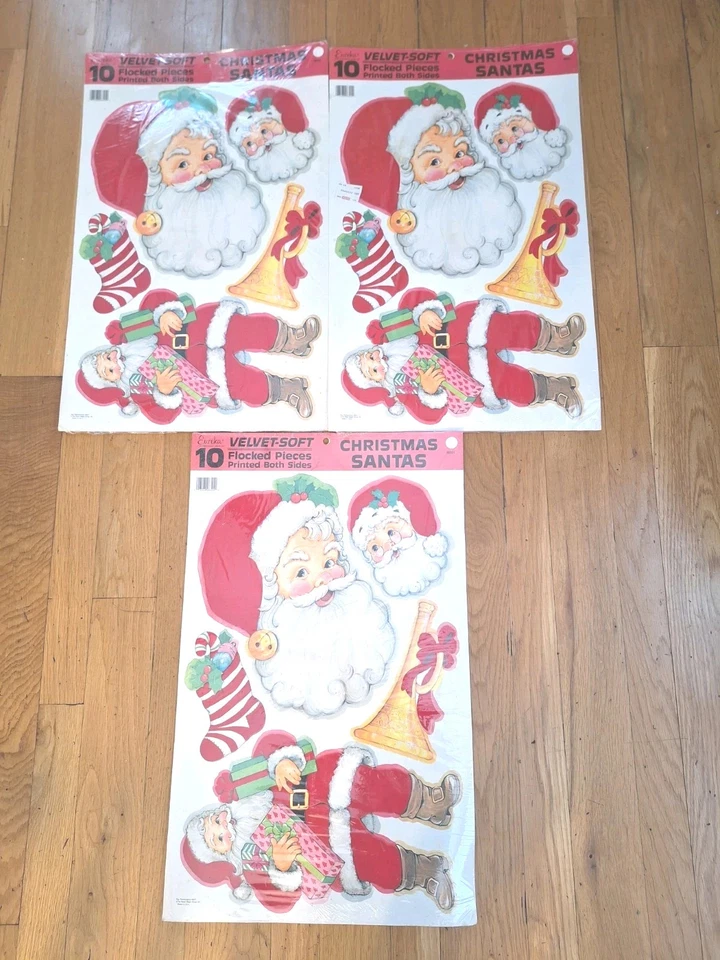10pc Santa Christmas Cutouts Wall Decorations Flocked Diecuts Vintage Eureka