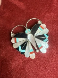 Vintage Zuni Butterfly Multi Stone Inlay Sterling Silver Pendant Brooch - Bild 1 von 4