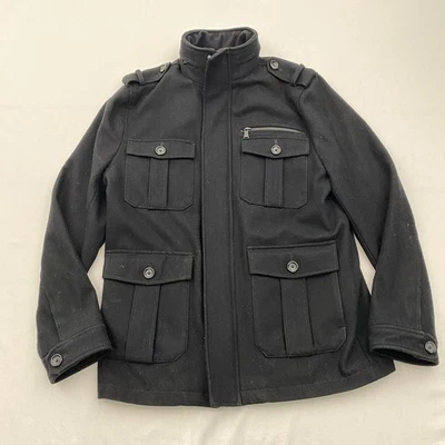 Chaqueta militar Express para hombre grande negra mezcla de lana abrigo de campo charreteras cremallera Foto 1 de 4