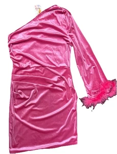 PRETTYGARDEN Size Large Pink Velvet One-Shoulder Mini Dress – Feather Trim NWT - Picture 1 of 11