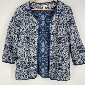 Blazer Coldwater Creek aperto davanti blu jacquard manica 3/4 arazzo 12 - Foto 1 di 6