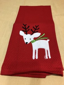 Holiday Dish Towel  White Deer On Red Cotton  Loop To Hang Up - Picture 1 of 4