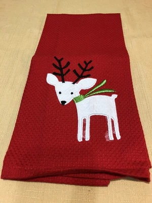 Holiday Dish Towel  White Deer On Red Cotton  Loop To Hang Up - Image 1 of 4