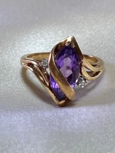 Elegant Marquise Cut Amethyst and Diamond 10K Gold Ring - Picture 1 of 8