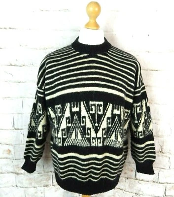 Vintage fair isle nordic aztec black ivory wool chunky jumper plus size 20  - Image 1 of 4