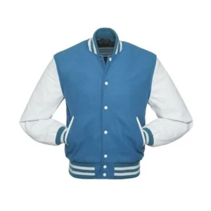 "Chaqueta Universitaria Hombre Letterman Béisbol Bombardero Azul Cielo Mangas Cuero Genuino" - Imagen 1 de 3