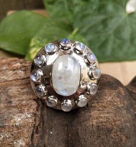 Natural Rainbow Moonstone Gemstone Ring Unique Artisan Crafted Design - Picture 1 of 10