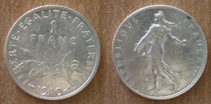 France 1 Franc 1910 Silver Coin Semeuse Free Shipping World Francs Frcs Frc - Picture 1 of 3