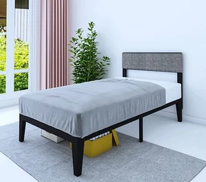 Twin Upholstered 12" Metal Platform Bed Frame /With Steel Slats /No Box Spring - Picture 1 of 12