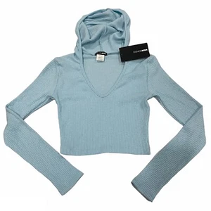 FashionNova Ribbed V-Neck Cropped Sweater Hood S Light Blue Stretch - Picture 1 of 7
