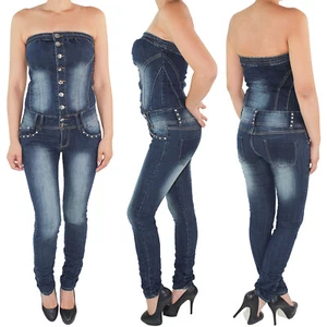 Damen Jeans Overall Jumpsuit Skinny Röhren Stretch Hüft Hose Ärmellos Denim Blau - Bild 1 von 11