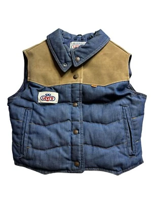复古 Ski Levis 背心女式 11/12 码蓝色深色牛仔橙色 Tab 鹅绒 — 第 1/4 张图片