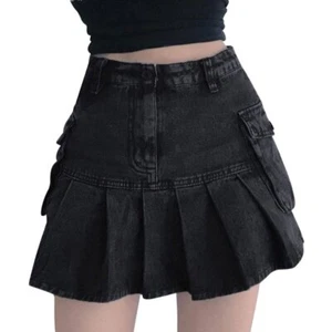 Women's School High Waist Pleated Pockets Ruffle A-Line Denim Mini Skirt Bk M - Picture 1 of 6