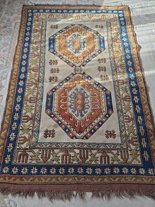4'2"x6'6" VINTAGE HAND KNOTTED CAUCASIAN KAZAK WOOL RUG  - Picture 1 of 11