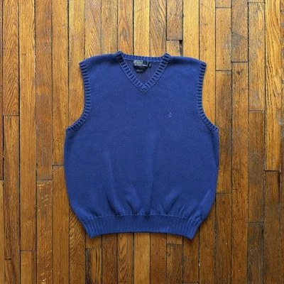 Винтажный 90-х Polo Ralph Lauren вязаный свитер жилет мужчин L 100% хлопок синий опрятный Corp - Изображение 1 из 4