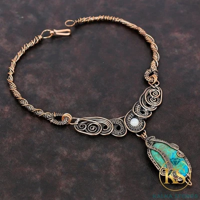 Collar de cobre natural crisocola arco iris piedra lunar cadena alambre envuelto joyería Foto 1 de 4