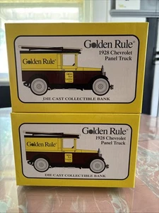 VTG (2) Automobile Coin Banks 1928 Chevrolet Panel Truck Golden Rule Lumber - Bild 1 von 10