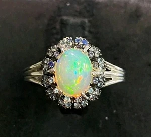 Genuine Ethiopian Fire Opal With Real Sapphires 925 Sterling Silver Ring Size 8 - Picture 1 of 8