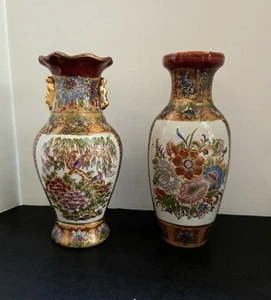 Set - 2 Greifgeschirr chinesische Überglasur emailliertes Porzellan 6" Vasen Blumen Vögel  - Bild 1 von 13