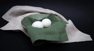 Set 2 Pure Linen Kitchen Towels - Forest Green & Natural beige tea towel - Picture 1 of 10